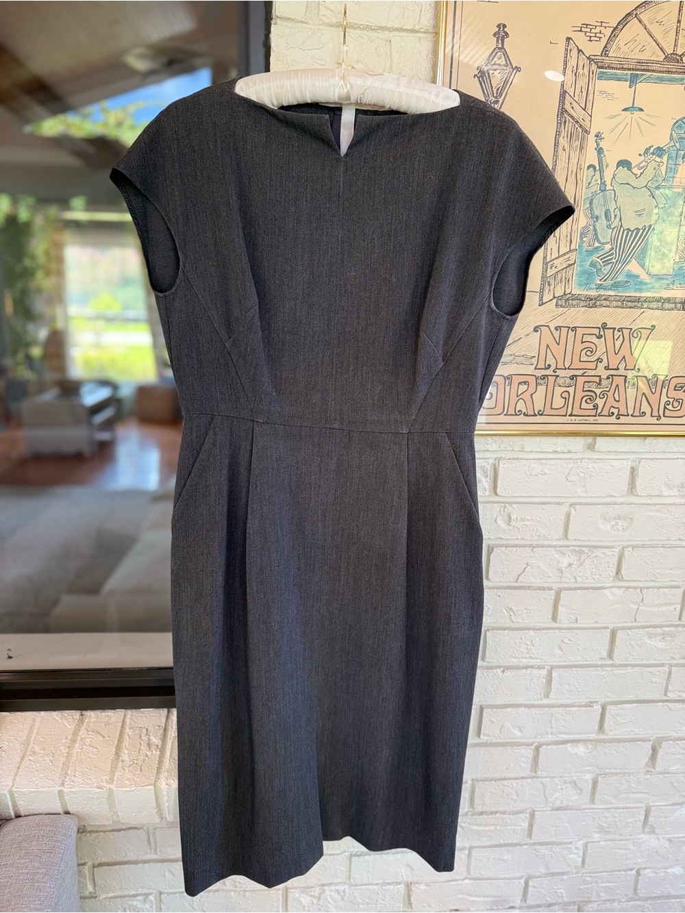 M.M.LaFleur Etsuko Charcoal Gray Sheath Dress Cap Sleeve Pockets 14